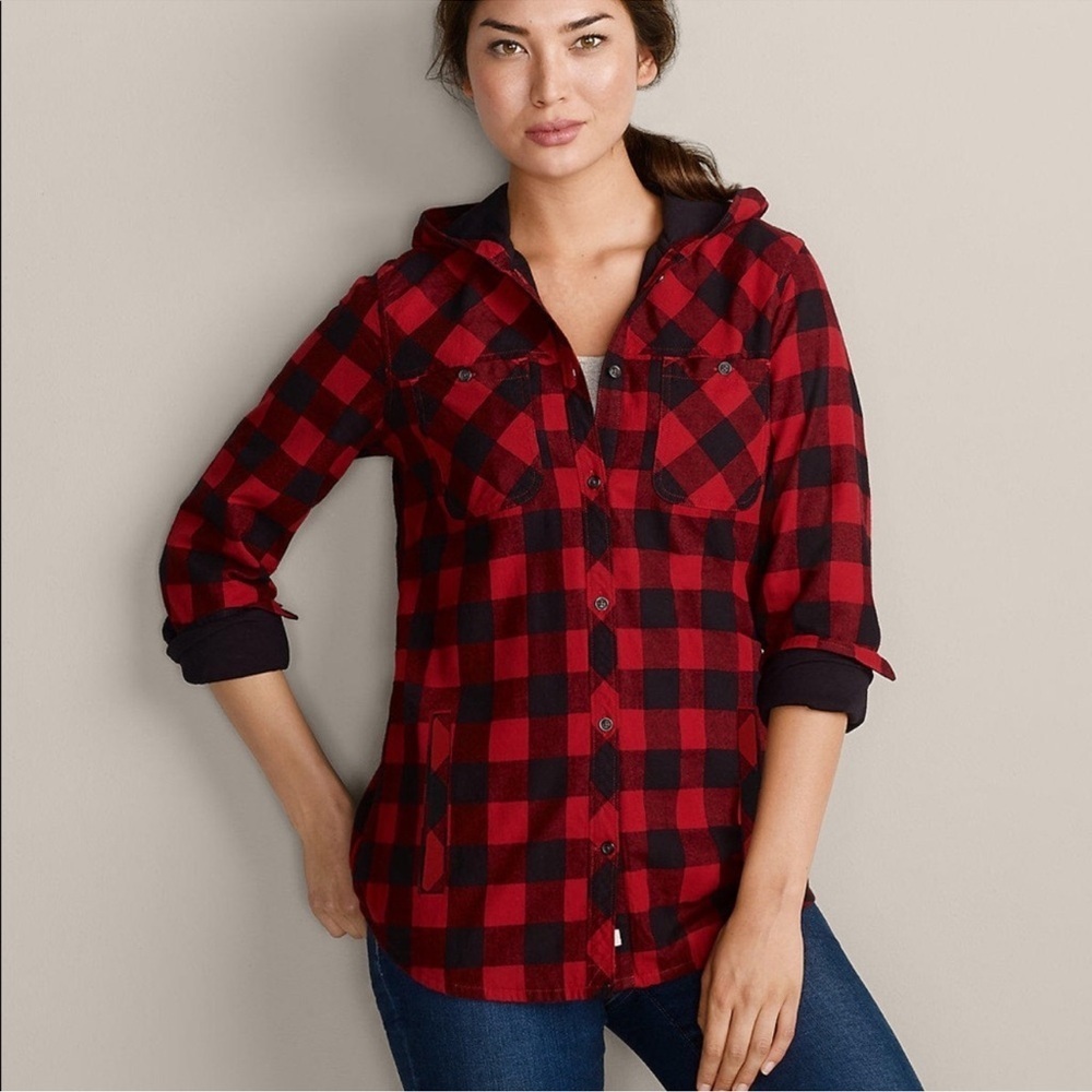 Eddie Bauer Black and Red Check Hooded Shirt Jacket